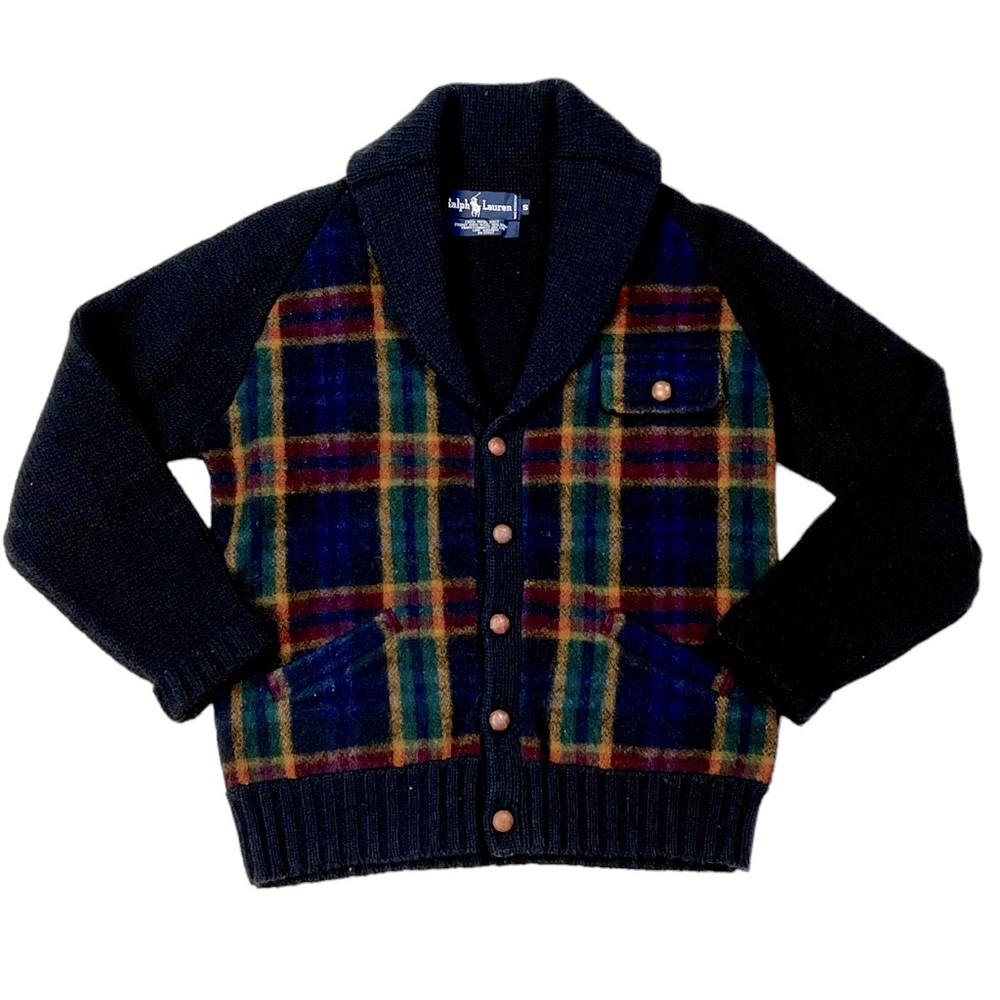 RALPH LAUREN BLUE LABEL WOOL PLAID SHAWL COLLAR BUTTON DOWN CARDIGAN SWEATER